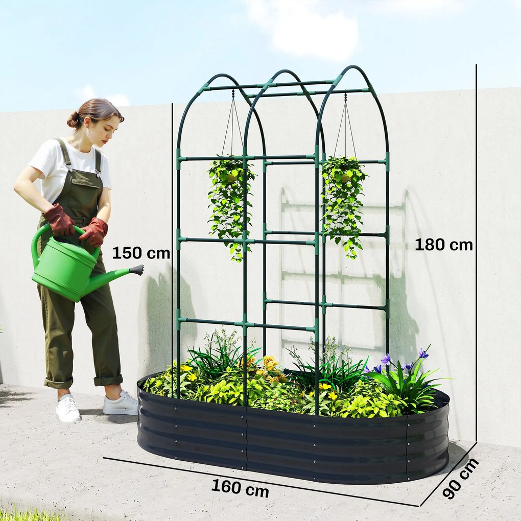 Floreira com treliça arqueada, floreira de metal com fundo aberto, luvas incluídas, 160 x 90 x 180 cm, cinzento escuro