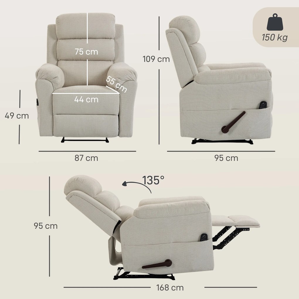 Poltrona reclinável com massagem e aquecimento, cadeira de relaxamento em tecido chenille (100 % poliéster), encosto de cabeça ajustável, bolsos later