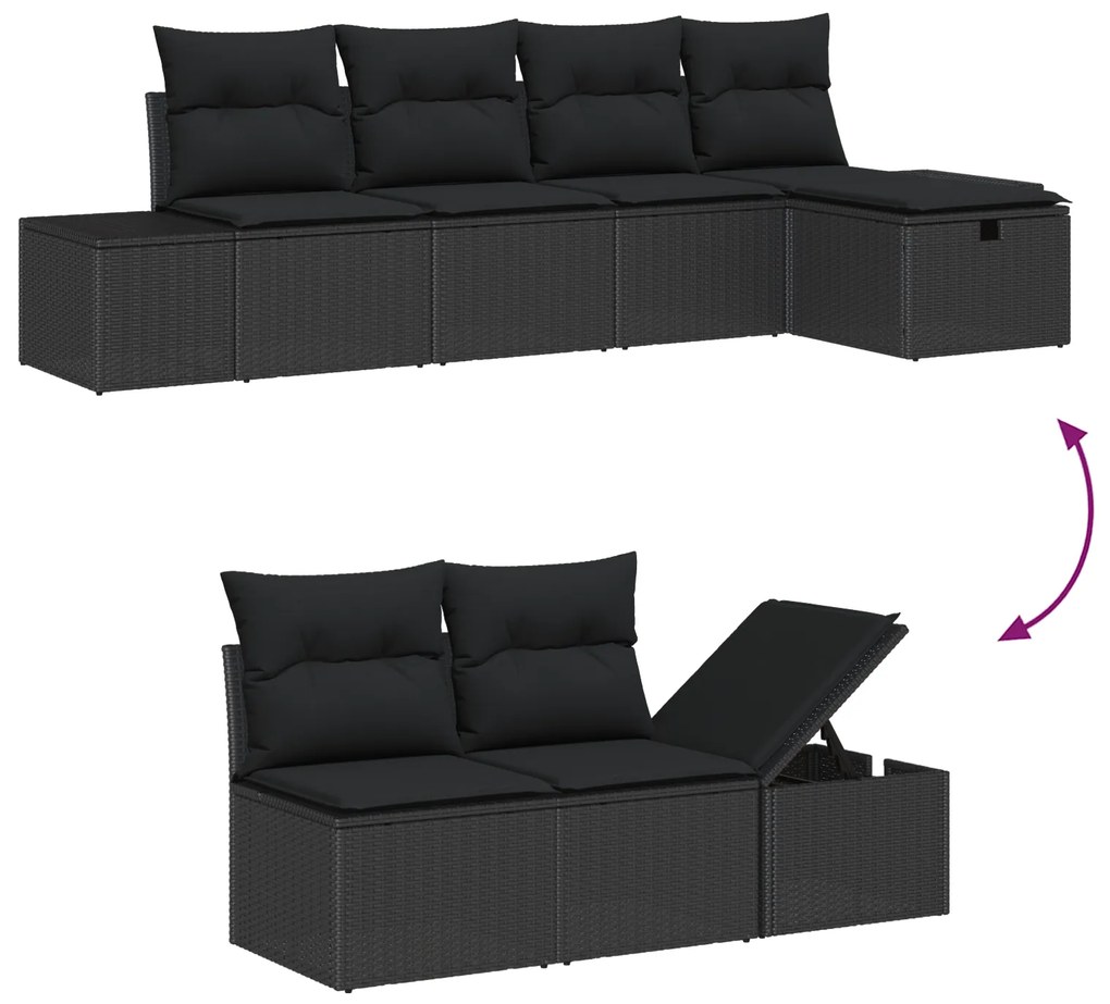 Conjunto de Sofá de Jardim de 6 Peças Com Almofadas Preto Rattan Polié