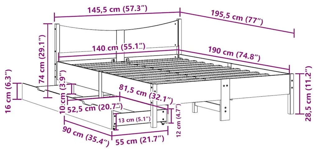 Estrutura cama c/ gavetas 140x190 cm pinho maciço castanho-mel