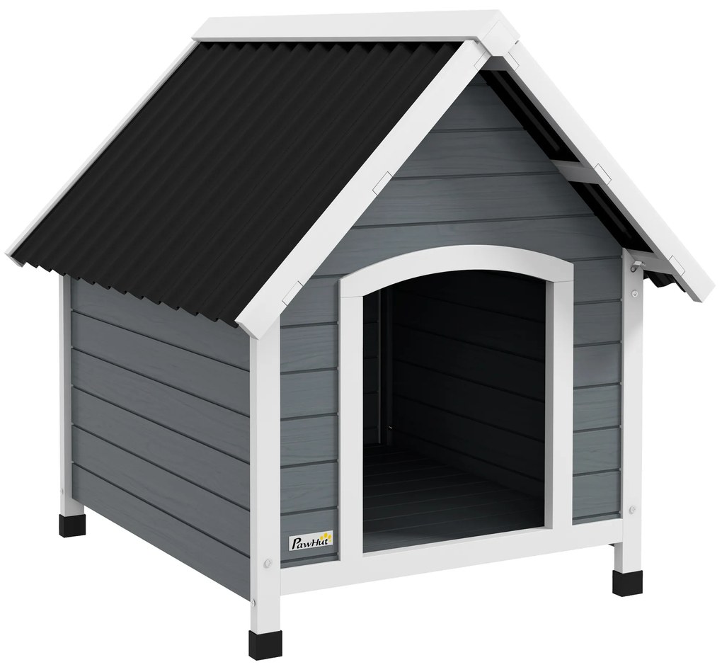 PawHut Casota para Cães 75x88x82 cm Casa para Cães com Telhado de Telhas de Imitação Pés Elevados e Chão Removível para Exterior Cinza