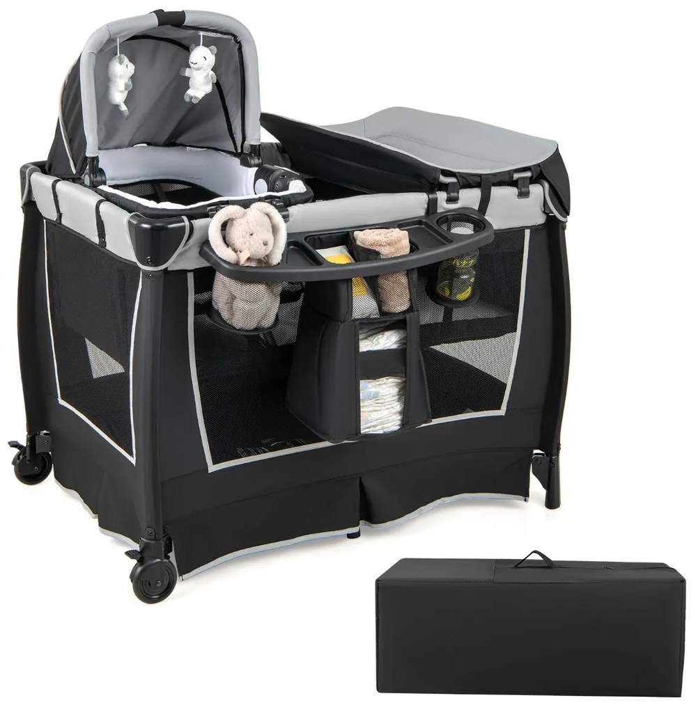 Berço de viagem 5 em 1 para bebês com colchão e trocador, cama conversível para bebês com 4 alturas ajustáveis ​​de 5 a 10°, carga de agitação de 15 kg para bebês de 0 a 9 meses, verde