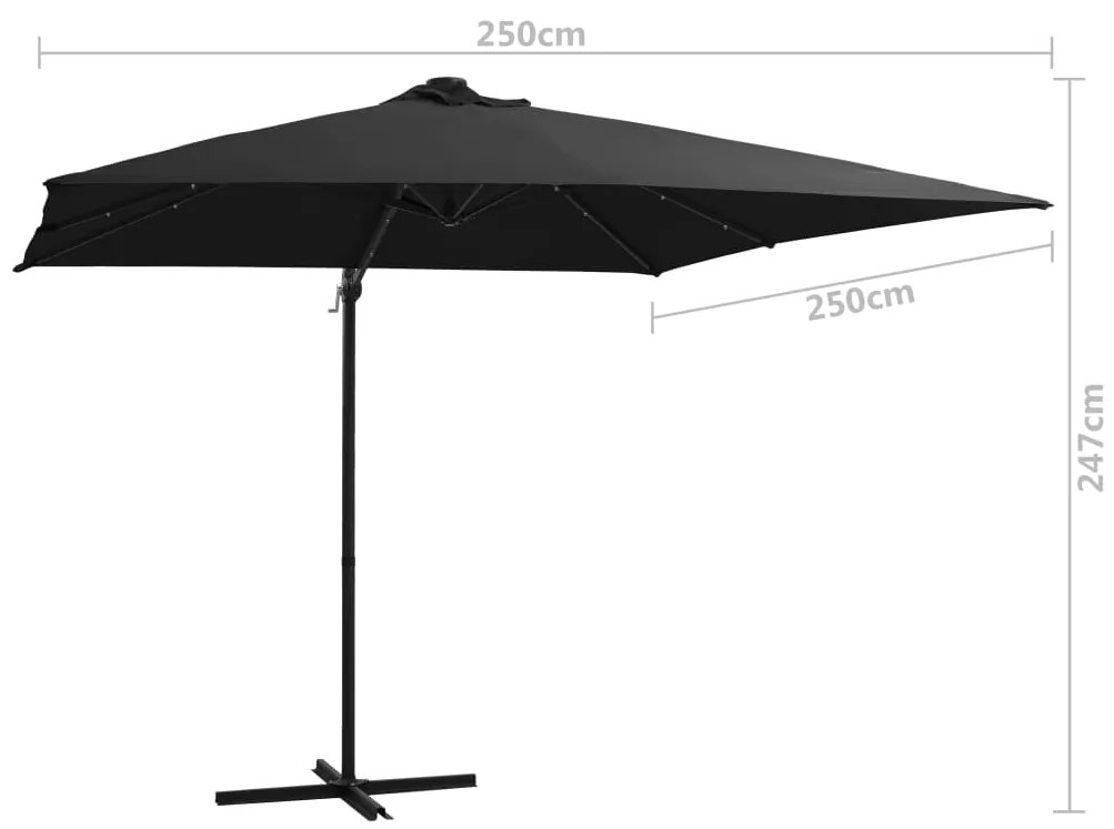 Guarda-sol cantilever c/ luzes LED e poste aço 250x250 cm preto