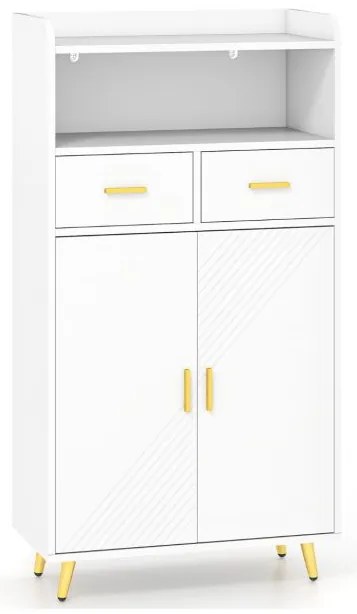 Armário de banheiro alto, organizador estreito com 2 portas e prateleiras ajustáveis, suporte para papel higiênico e gancho lateral para café