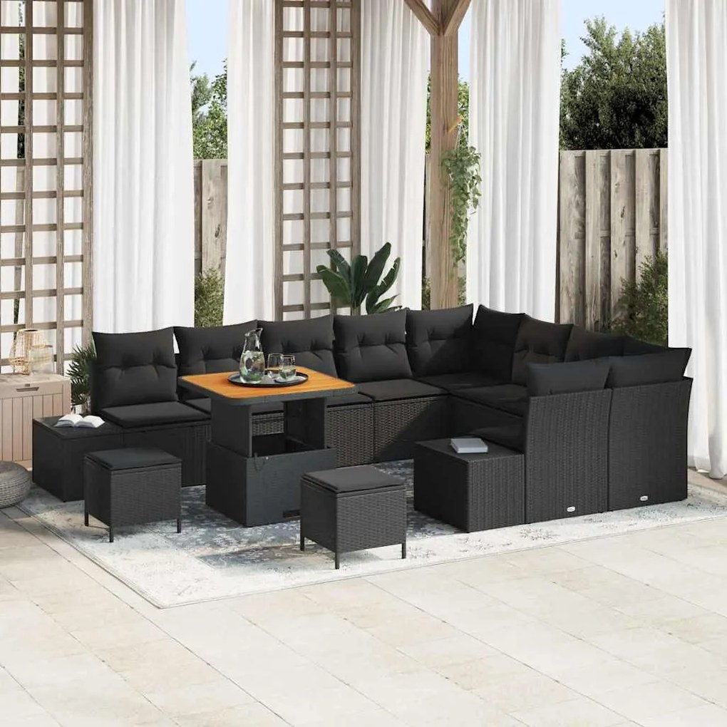 vidaXL Sofá de Jardim 12 Peças com Almofadas em Vime Sintético Preto
