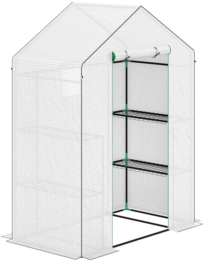Outsunny Estufa de Jardim Pequena de 3 Níveis com 6 Prateleiras Porta Enrolável e Capa de PE 143x74x190 cm Branco | Aosom Portugal