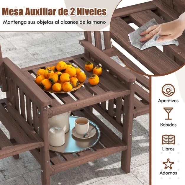 Banco de jardim com mesa com 2 níveis e orifício para guarda-sol em madeira de abeto natural castanho escuro
