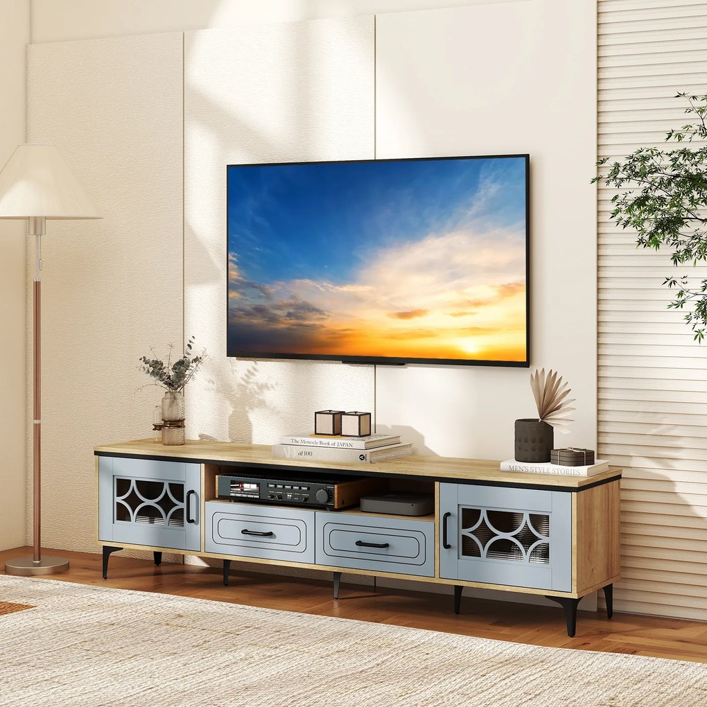Suporte de TV de 180,5 cm para TV de até 80" com 2 gavetas, 2 armários e compartimento Suporte de TV de madeira com 7 pernas de metal elevadas, branco