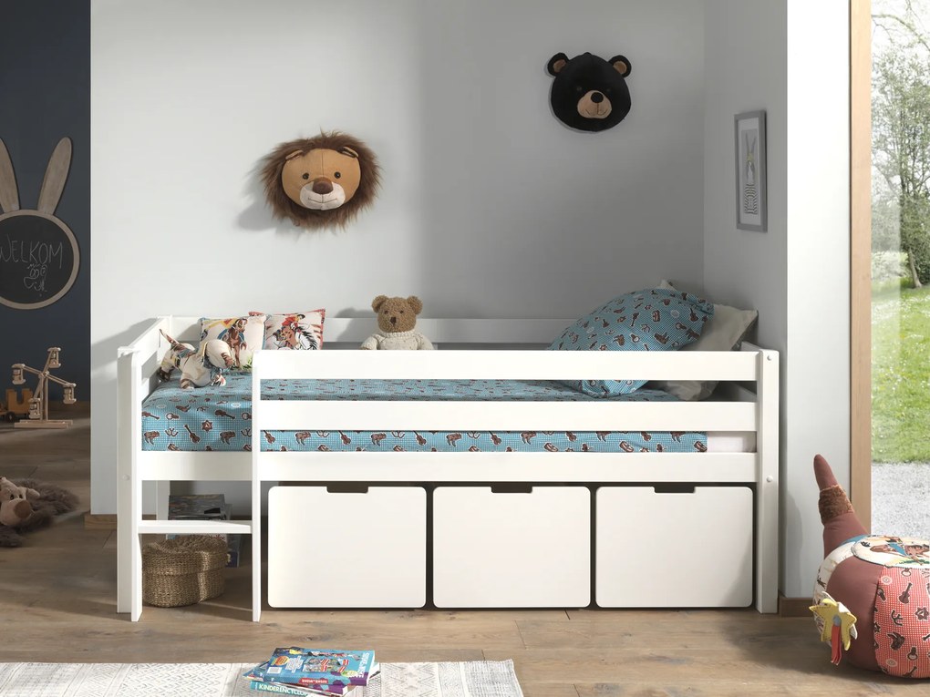 Conjunto Cama alta de Criança PINO 90 x 200 cm + estrado + escada + 3 gavetas Branca