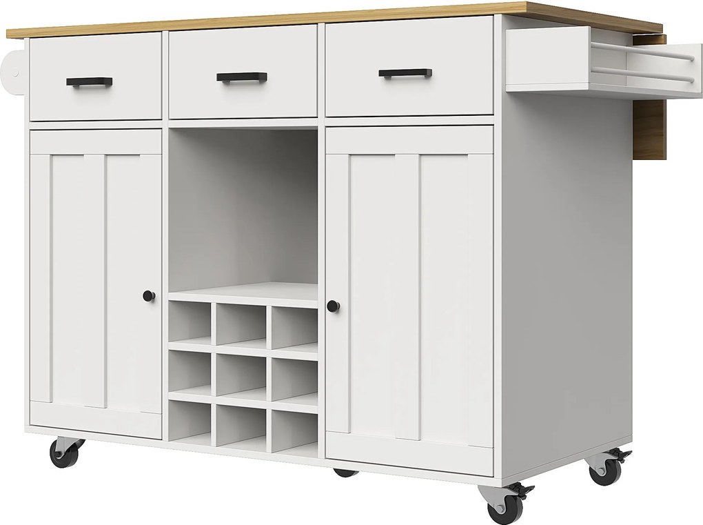 Carrinho de cozinha com tampo rebatível, 3 gavetas, 2 portas, suporte para garrafas e toalheiro, 124C x 40/65L x 91,5A cm, Branco