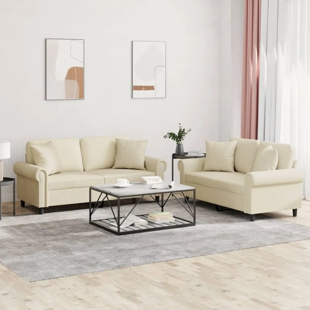 2 pcs conjunto de sofás com almofadas couro artificial creme