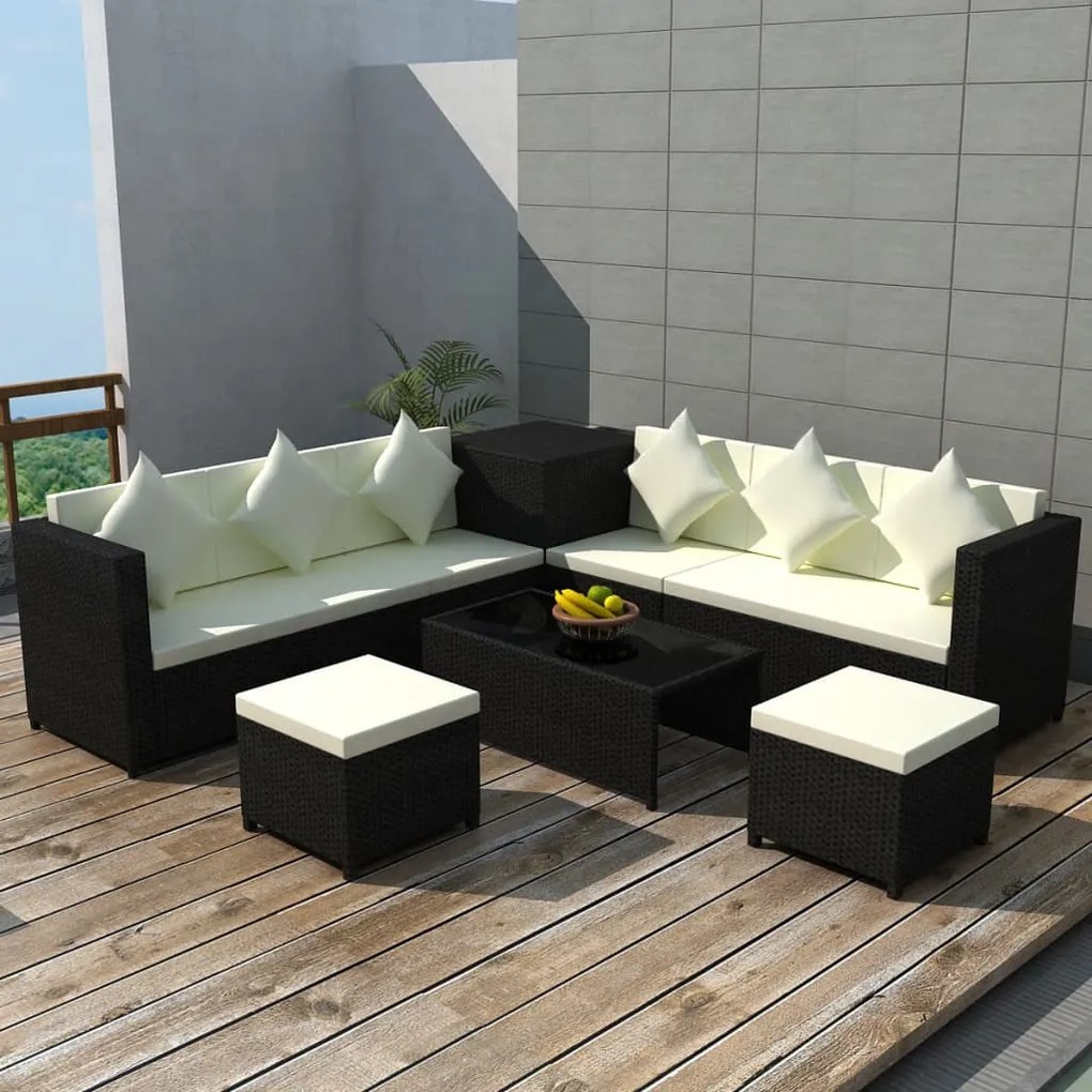 vidaXL 8 pcs conjunto lounge de jardim c/ almofadões vime PE preto