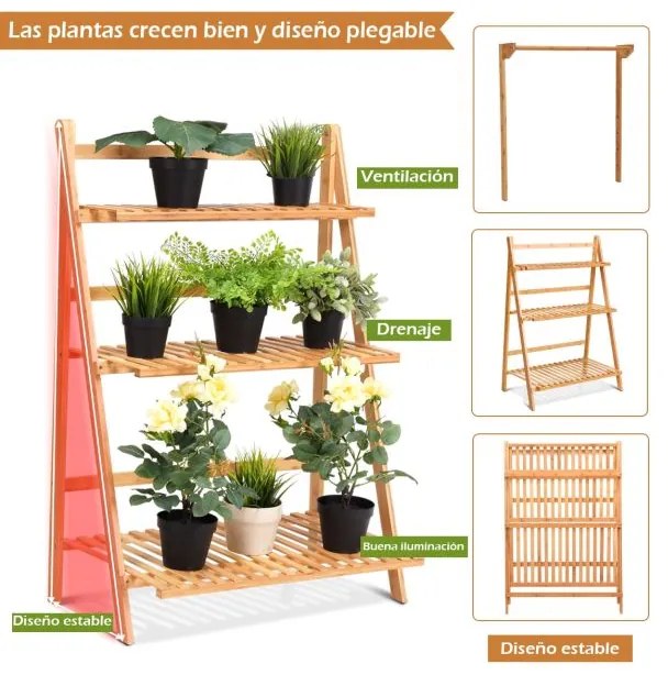 Estante decorativa dobrável para plantas e flores para interior, exterior, relvado, jardim, varanda, 70 x 40 x 120-144 cm bambu