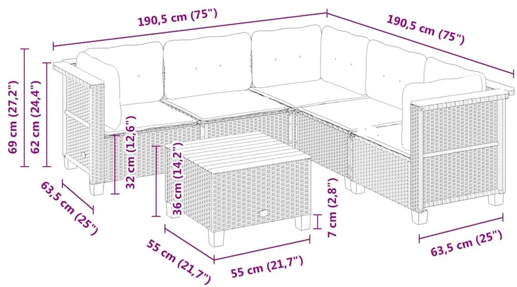 6 pcs conjunto de sofás p/ jardim com almofadões vime PE bege