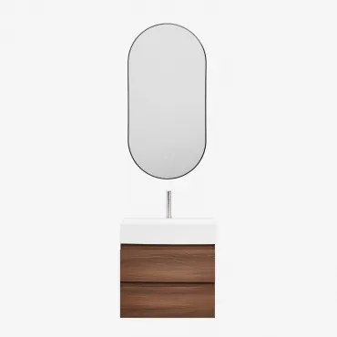 Conjunto De Móvel De Casa De Banho Suspenso Em Madeira E Folha De Freixo Com Lavatório Integrado Ona Madeira Escura & Ovale Led E Antifog Preto 50x100
