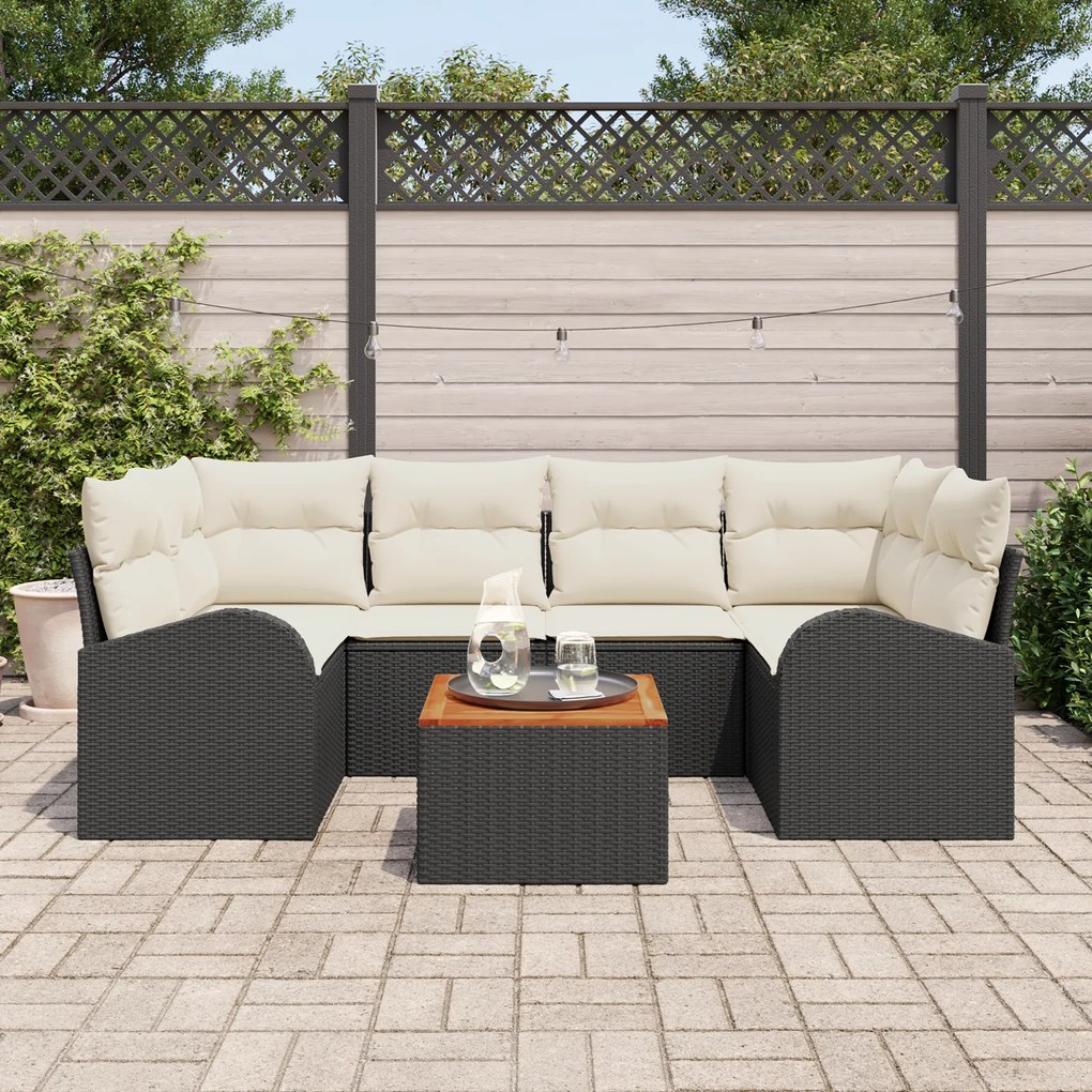 Conjunto de Sofá de Jardim de 7 Peças com Almofadas Rattan Preto Acáci