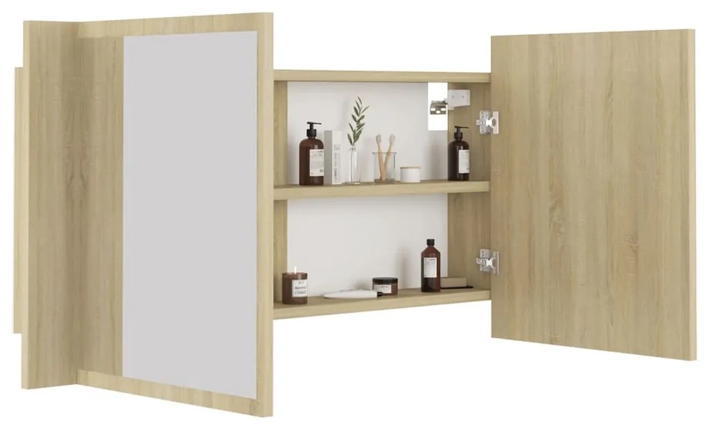 Armário espelhado casa de banho LED acrílico carvalho sonoma