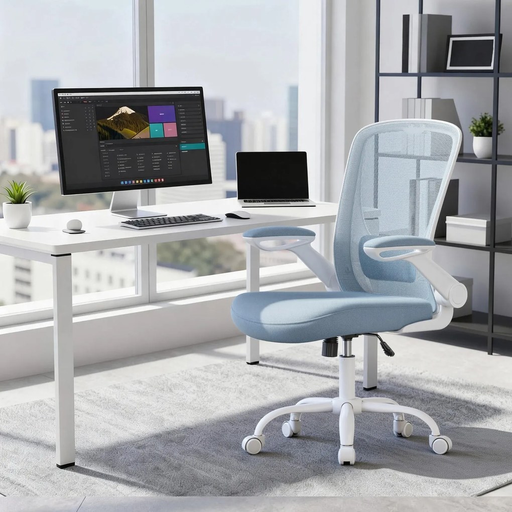 Cadeira de escritório ergonómica giratória com função de balanço em malha azul