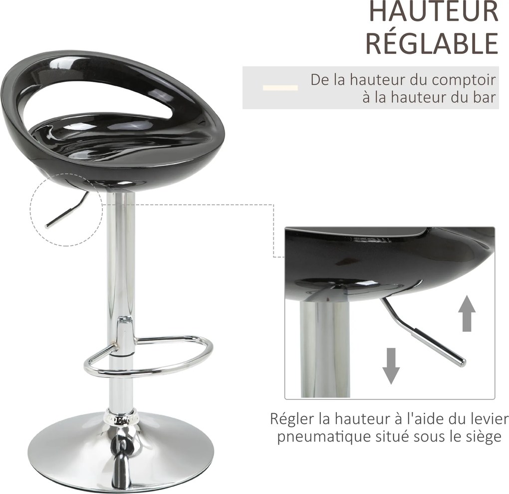 Conjunto de 2 bancos de bar com altura ajustável, encosto e apoio para os pés, giratórios a 360°, 46 x 41 x 76–96 cm, preto