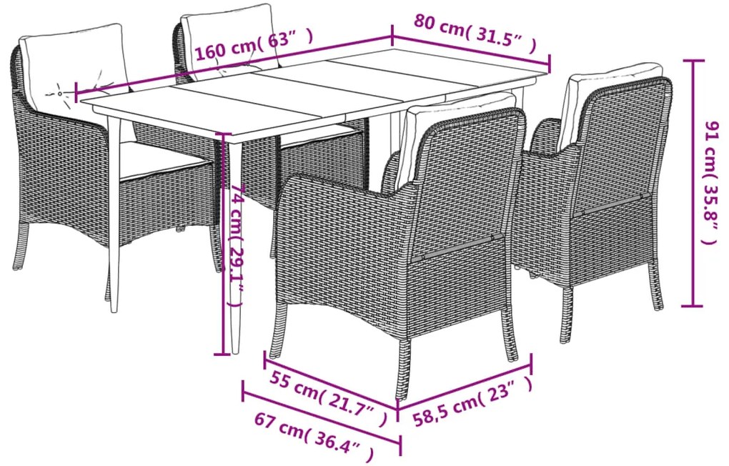 5 pcs conjunto de jantar p/ jardim com almofadões vime PE bege