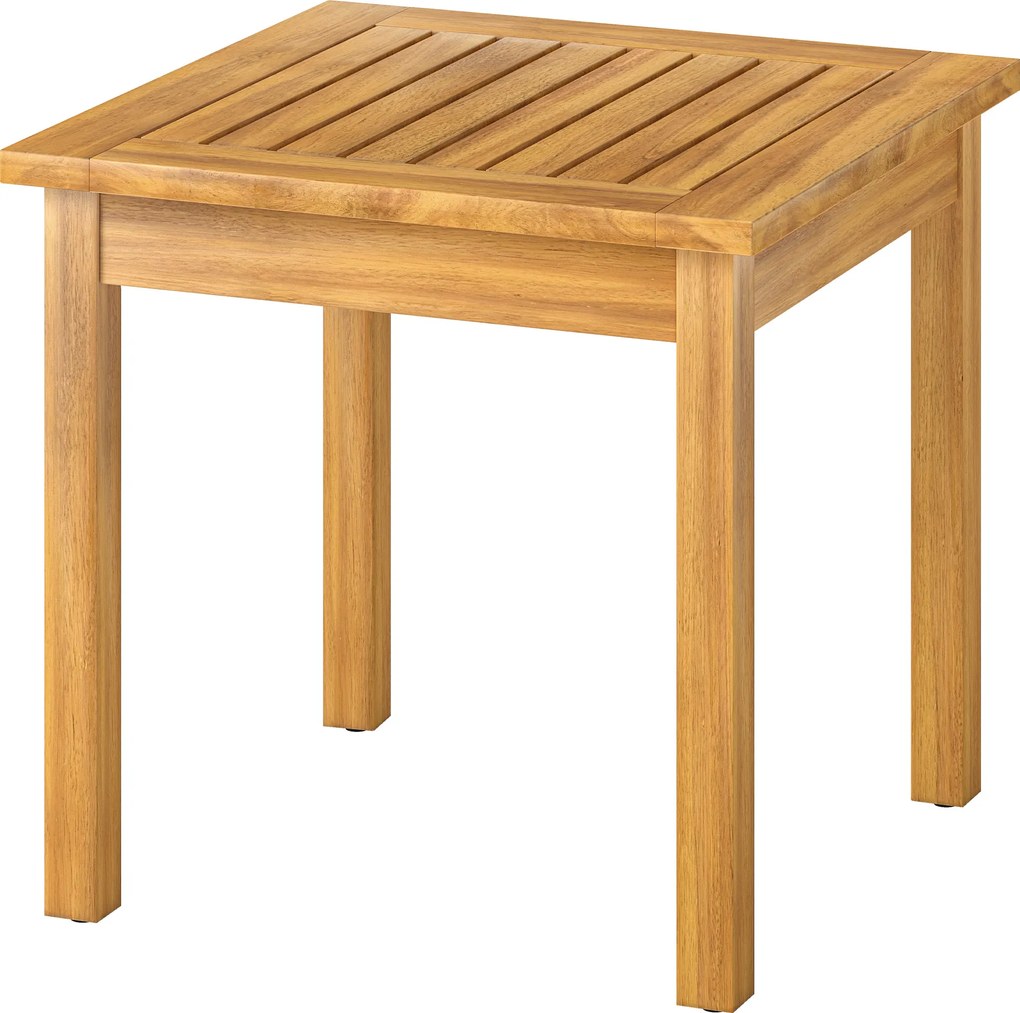 Mesa de jardim quadrada 48 x 48 x 46 cm em madeira maciça de acácia, com tampo de ripas, pés ajustáveis natural