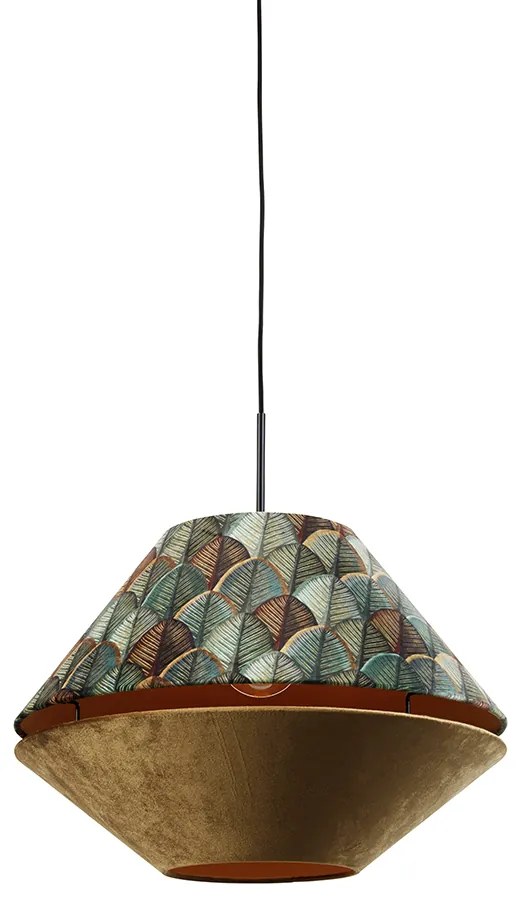 Hanglamp zwart met dubbele velours lampenkap blad dessin en beige - Combi 1 Clássico / Antigo,Moderno