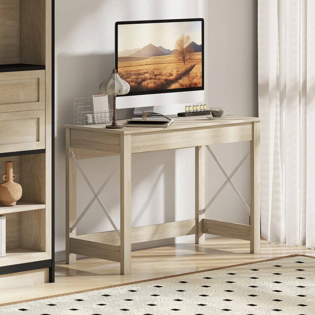 HOMCOM Secretária Moderna Mesa de Estudo com Estrutura de Aço Mesa de Computador 105x50x76 cm Madeira e Branco