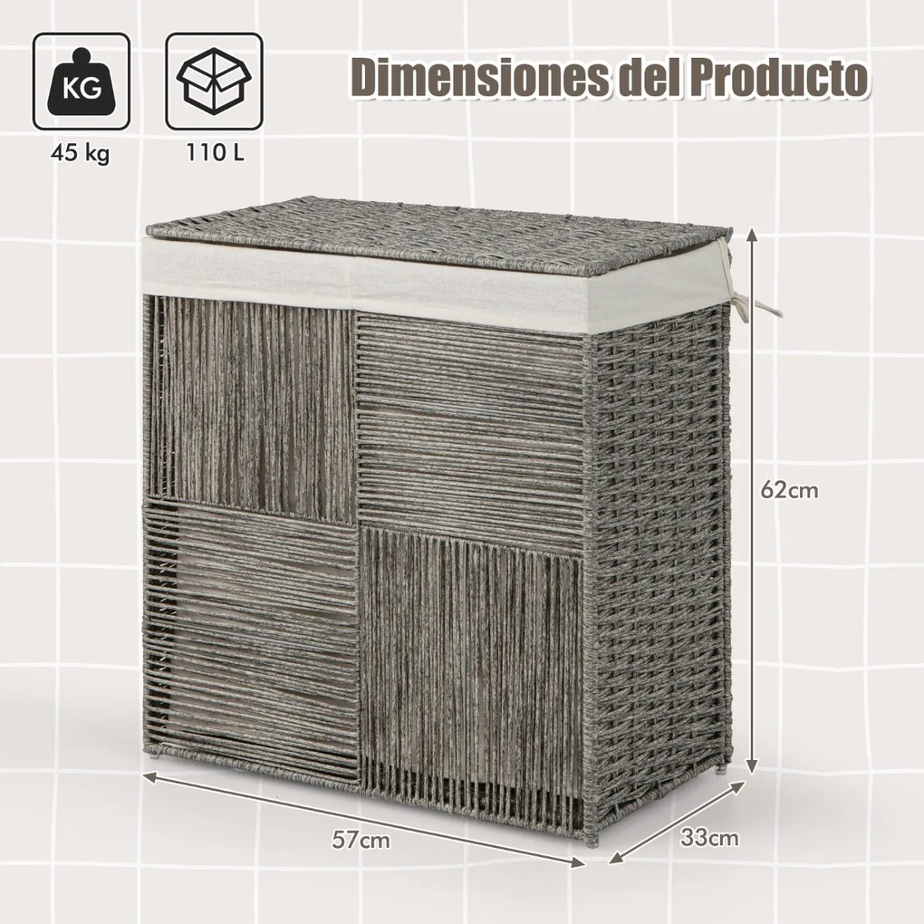 Cesto para roupa suja dobrável em rattan 110 L  com tampa e pegas práticas Saco com forro amovível Saco para roupa suja Casa de banho Cinzento