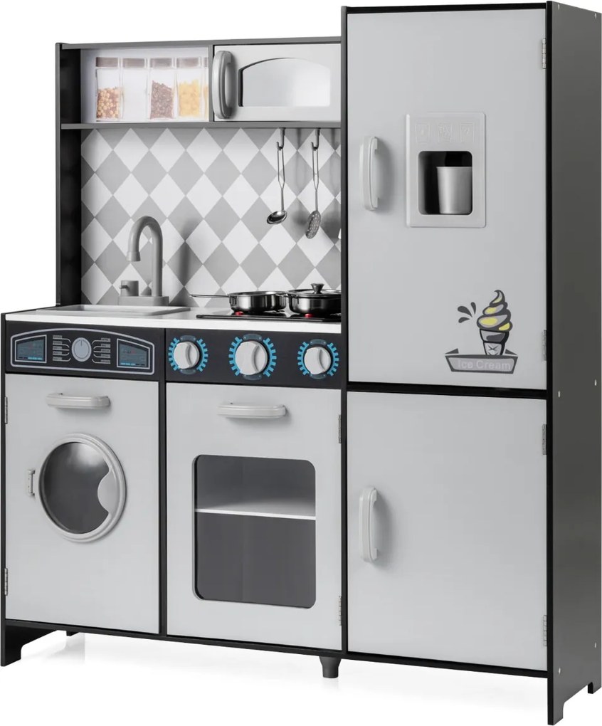 Cozinha de brincar em madeira 91 x 30 x 102 cm com máquina de gelo, fogão, máquina de lavar, forno, micro-ondas, sons e luzes reais para crianças com