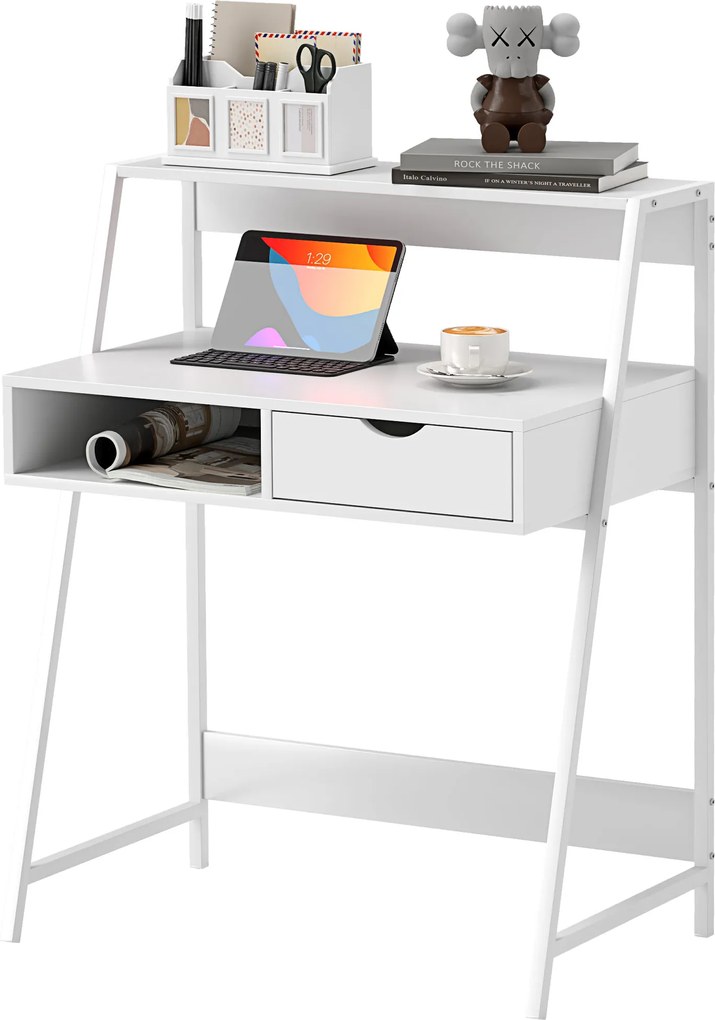 Secretária de escritório 80 x 50 x 100 cm, estilo neo-retro, com gaveta, compartimentos abertos e prateleira metálica, branca