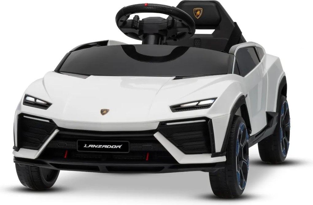 Carro elétrico para crianças Lamborghini Lanzador 12V com licença, bateria de lítio, luzes LED, controle remoto Branco