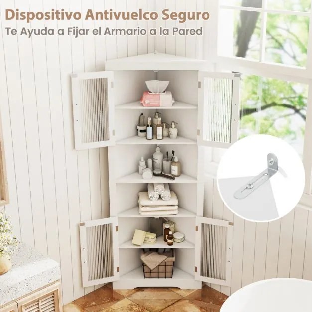 Armário de canto alto cozinha 66 x 35 x 171 cm de 6 níveis com portas de vidro e prateleiras ajustáveis em 3 posições Branco