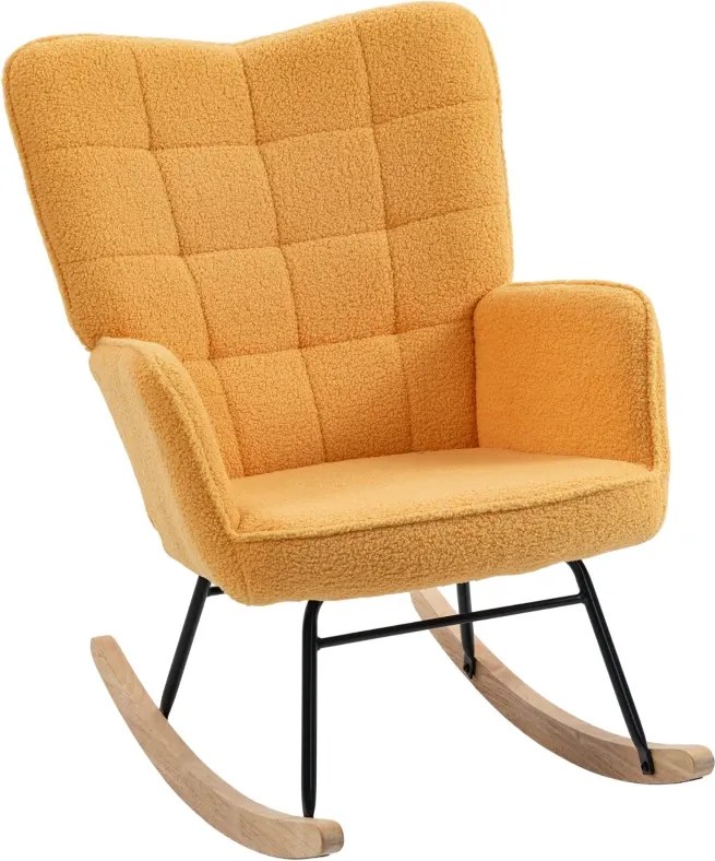 Cadeira Baloiço em Borrego com Oscilação de 40° Pés de Madeira de Faia e Estrutura de Aço 71x98x101 cm Amarelo