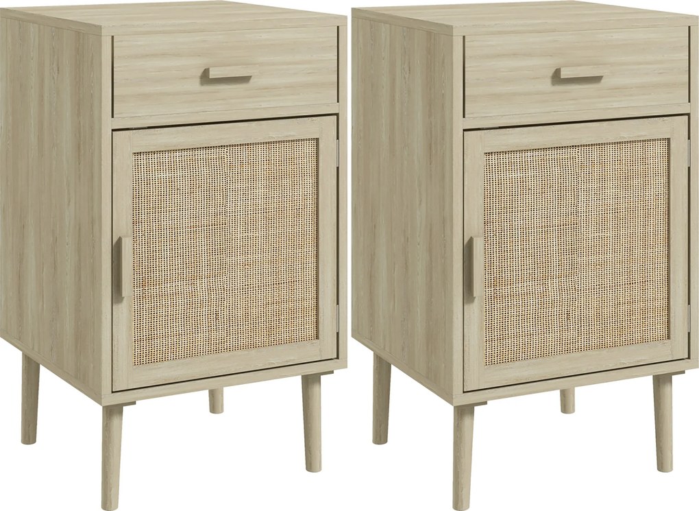 HOMCOM Mesas Cabeceira Conjunto 2 Peças Gaveta Vime Prateleira Ajustável Quarto Sala 40x40x68,5 cm Carvalho | Aosom Portugal