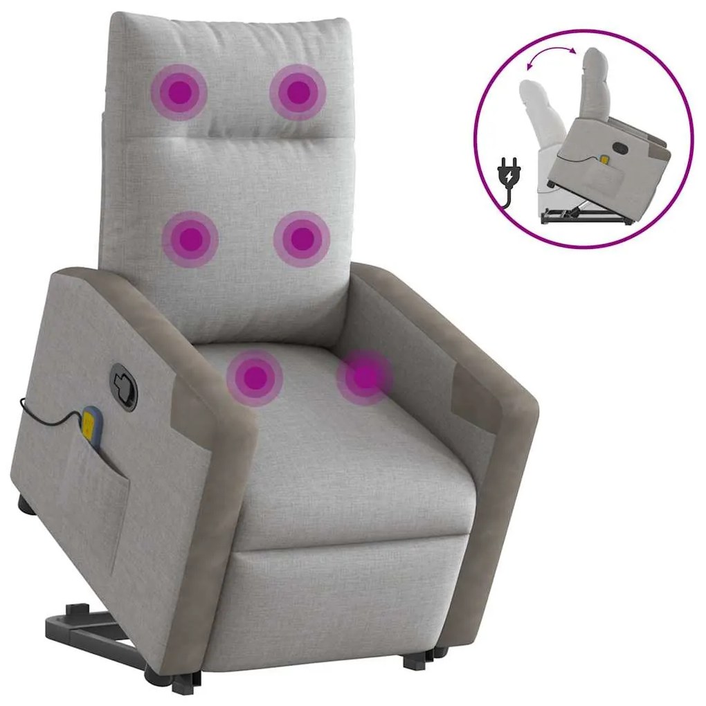 vidaXL Poltrona elevatória de massagens tecido cinzento-nublado