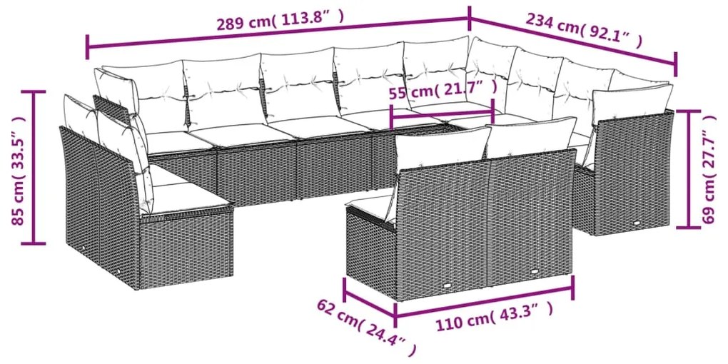 12 pcs conjunto de sofás jardim c/ almofadões vime PE cinzento