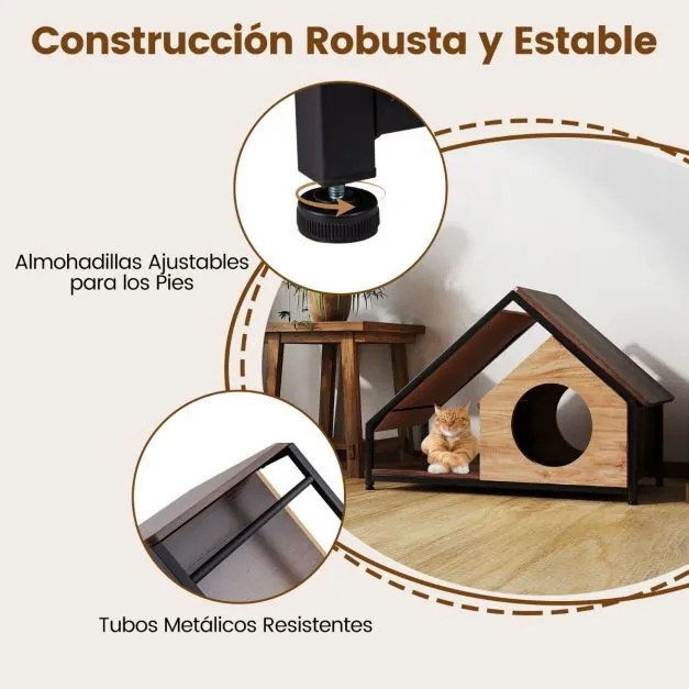 Casa de madeira para gatos de interior 84 x 43 x 58,5 cm com varanda Telhado inclinado removível e estrutura metálica Castanho