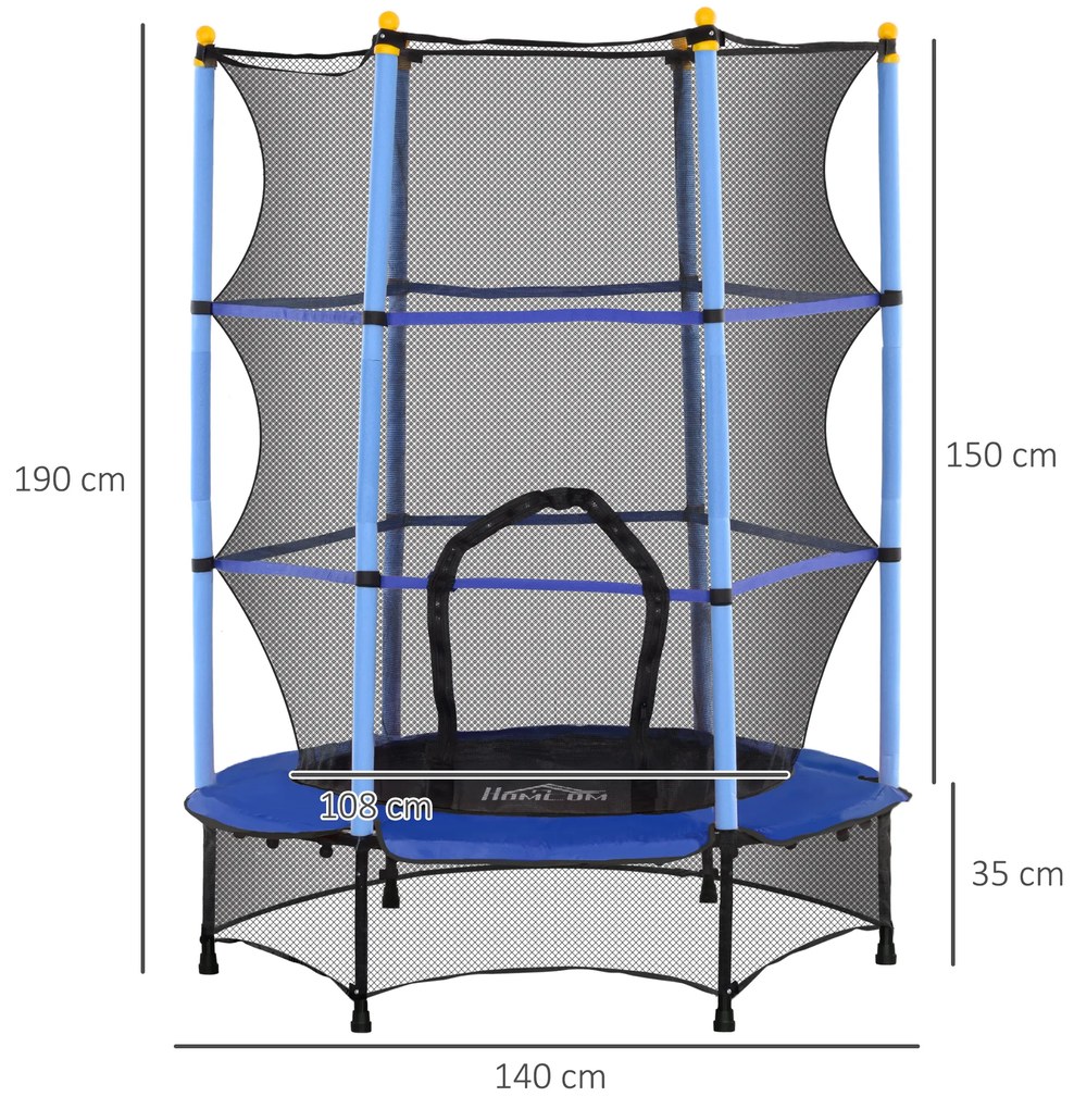 Trampolim para Crianças com Rede de Segurança e Estrutura de Aço para Interiores e Exteriores Carga 50kg Ø140x190 cm Azul