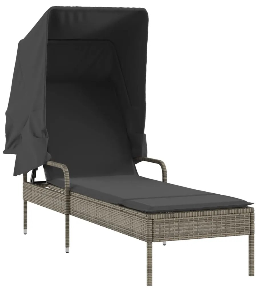 Espreguiçadeiras com toldos e mesa 2 pcs vime PE cinzento