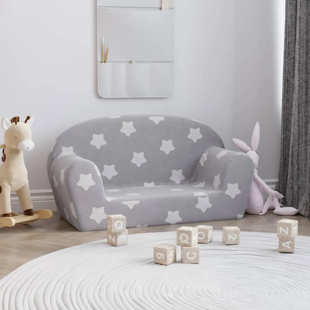 341767 vidaXL Sofá infantil de 2 lugares c/ estrelas pelúcia cinzento-claro