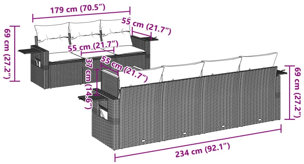 8 pcs conjunto sofás de jardim com almofadões vime PE preto