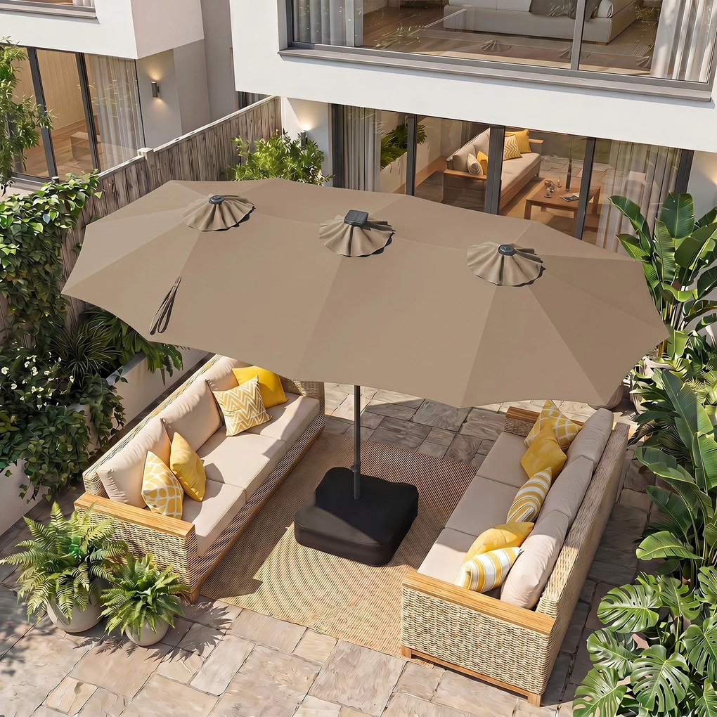 Guarda-sol Duplo Retangular de Exterior com base, 370 x 200 cm, 108 Luzes LED, Castanho