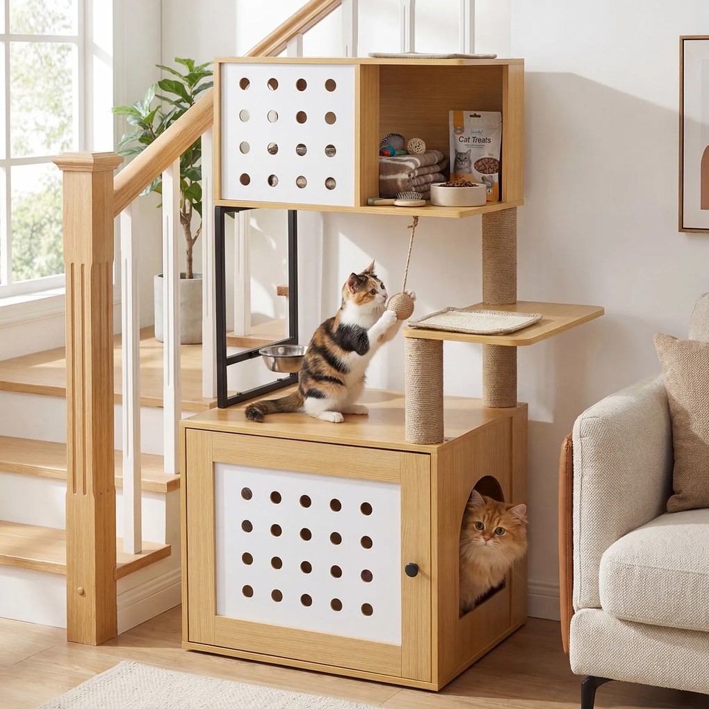 Arranhador para gatos 3 em 1 com vários níveis 72 x 43 x 117,5 cm, postes de sisal, condomínio, zona de refeições, bola suspensa, recinto e caixa de