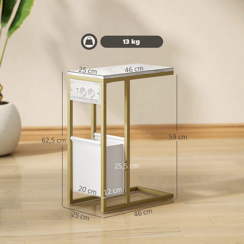 Mesa auxiliar em forma de C com estação de carregamento, saco de arrumação em tecido e tampo com efeito de mármore, 46 x 25 x 62,5 cm, branco e dourad