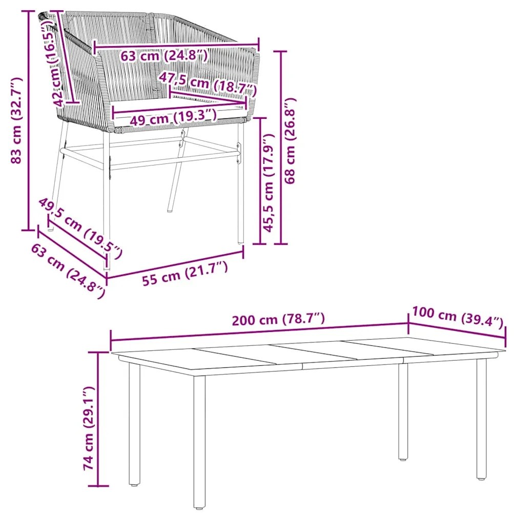 Conjunto jantar jardim 7 peças almofadas vidro vime cinzento PE