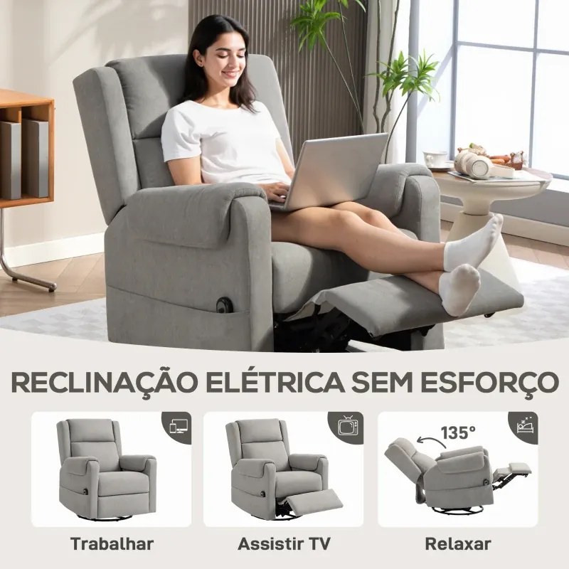 Poltrona Relax Reclinável Elétrica Giratória e Basculante com Apoio para os Pés Ajustável Controlo Remoto 86x89x99 cm Cinzento Claro