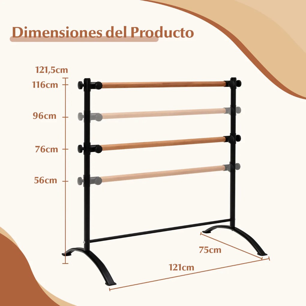Barra de Ballet 120 cm Portátil Barra Dupla Independente Altura Ajustável 56/76/96/116 cm Adultos e Crianças Preto