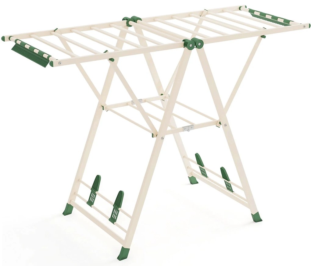 Estendal dobrável 141 x 56 x 99–148 cm com braços ajustáveis, pinças para meias e prateleira para sapatos, estendal independente para roupa, cor bege