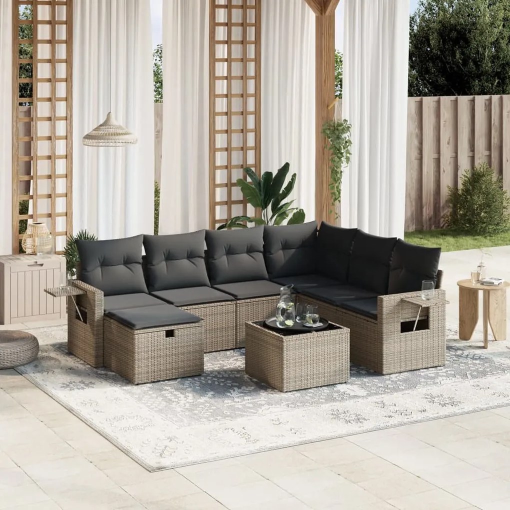 8 pcs conjunto sofás de jardim c/ almofadões vime PE cinzento