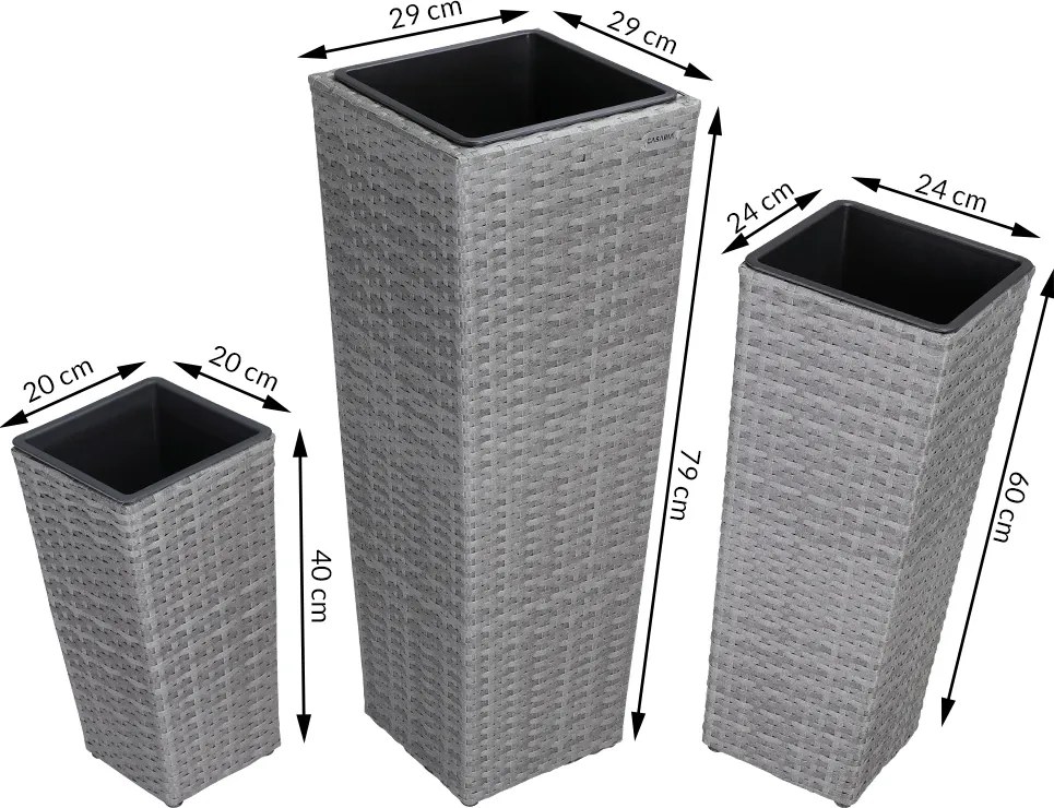 Conjunto de 3 vasos de flores em Polyrattan cinzento